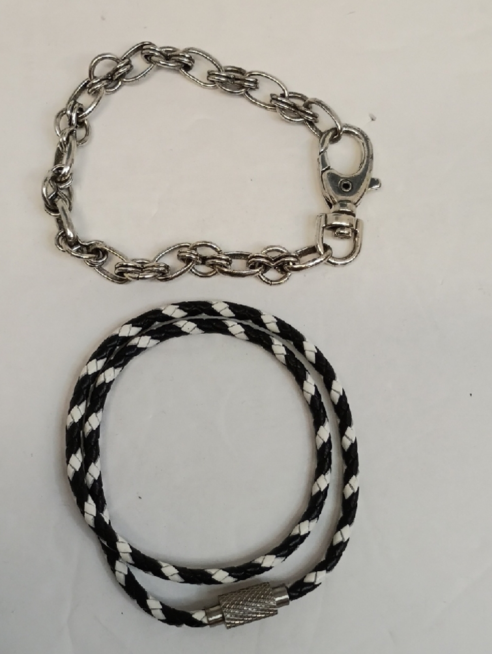 Braided Cord Black White Bracelet Set Magnetic Clasp Chain Link Silver Tone